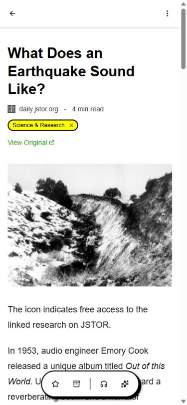 An article open in Jaib’s mobile reader, with article text and reader controls.